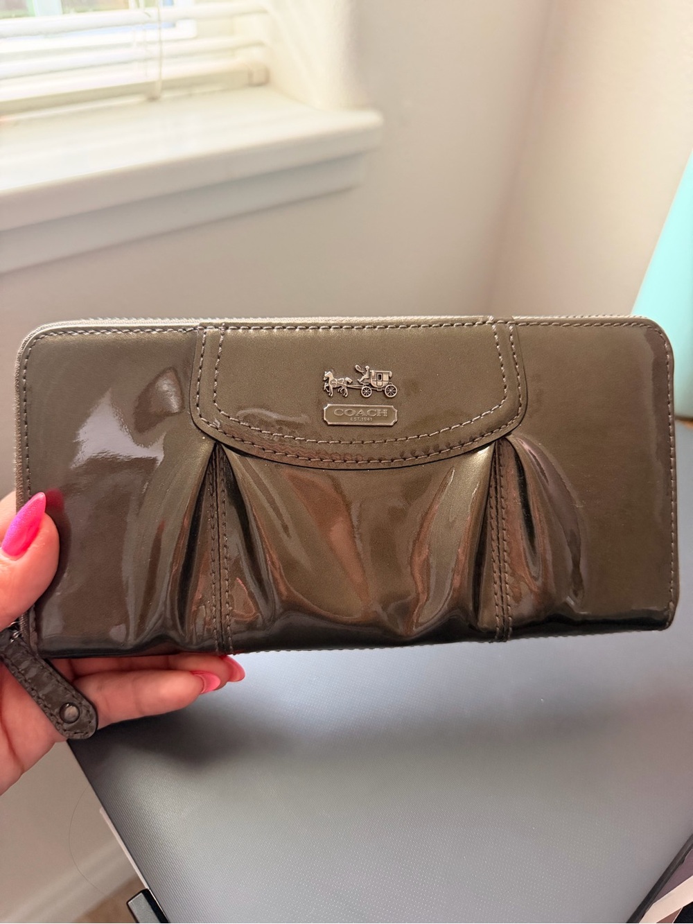 Coach Glossy Olive Patent Accordion Wallet with Logo Hardware